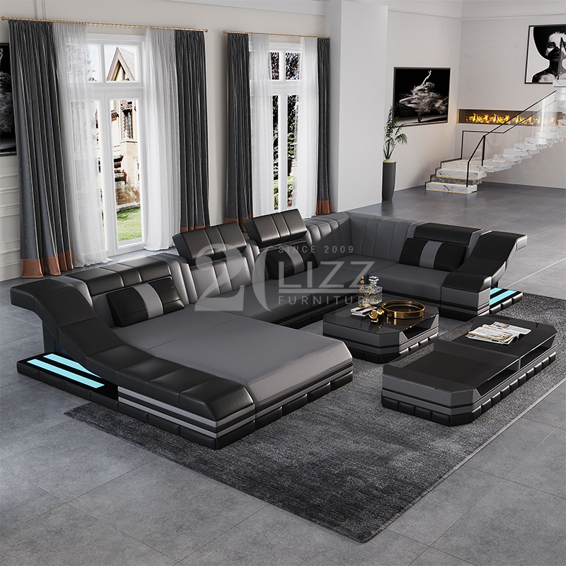 U Shape Yellow And Black Led Sectional Sofa for Bedroom