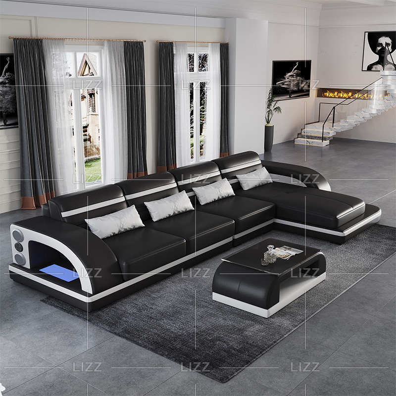 Futuristic Modern L-shape Sectional Leather Sofa with Music Player