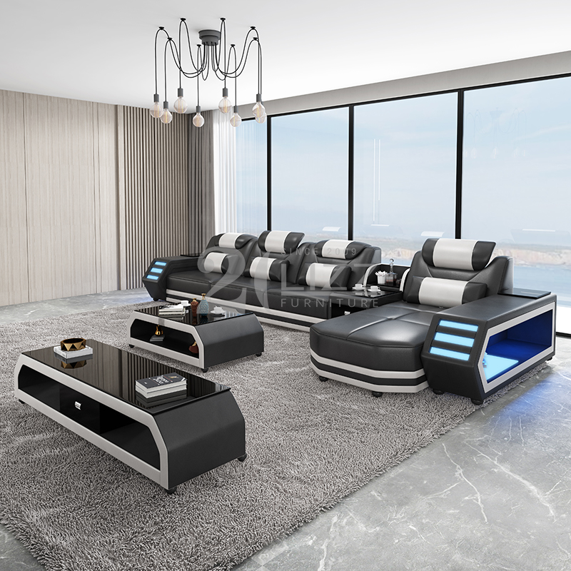 Mid Size Leather Led Sectional Sofa with Chaise