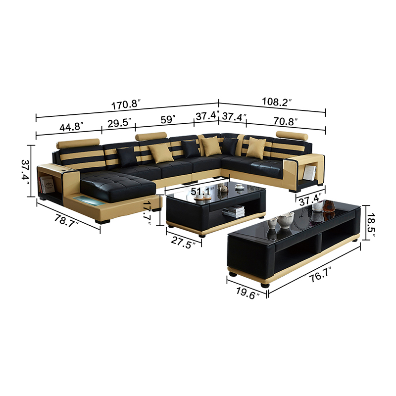 Leisure Furniture Big Sectional Italian Leather Sofa with LED Light
