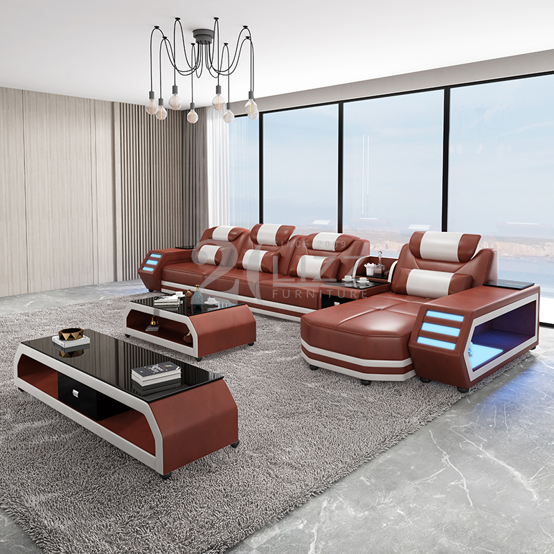 Mid Size Leather Led Sectional Sofa with Chaise