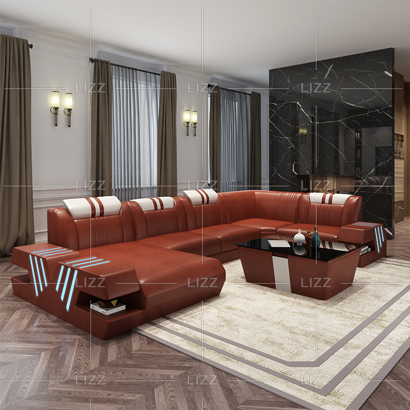 Living Room Leather Led Sectional Sofa with Pillow Backs