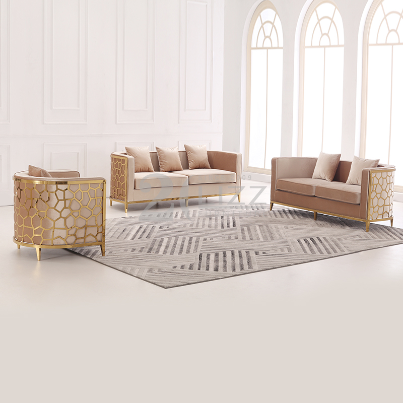 Luxury Gold Stainless Steel Metal Frame Fabric Sofa Set