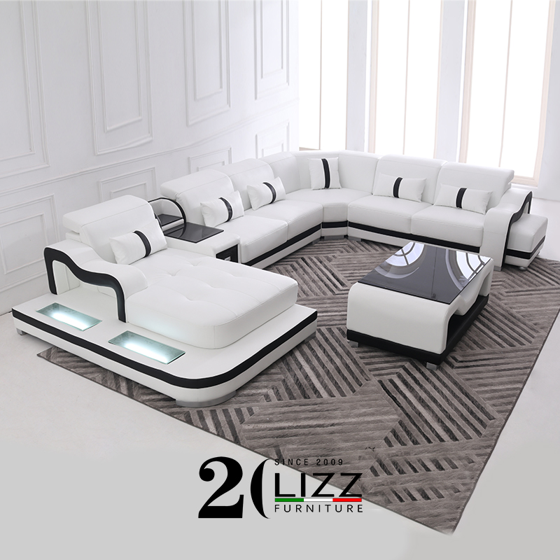 Modern Lounge Suite White Leather Led Sectional Sofa