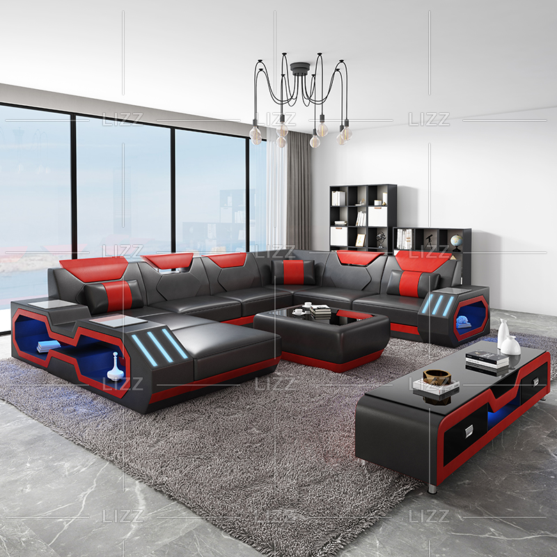 Beautiful U Shaped Black And Red Living Room Sofa