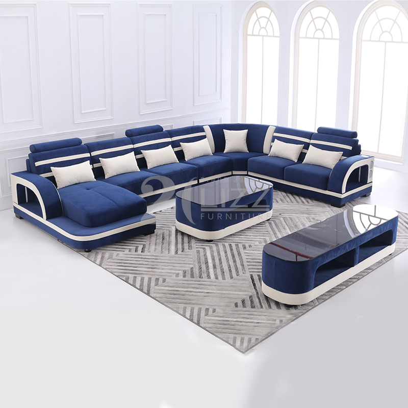Modern Navy Blue Sectional Sofa with Music Player and USB