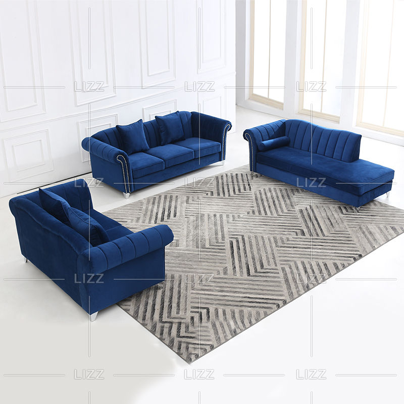Modern Couch Navy Fabric Sofa Loveseat and Chaise